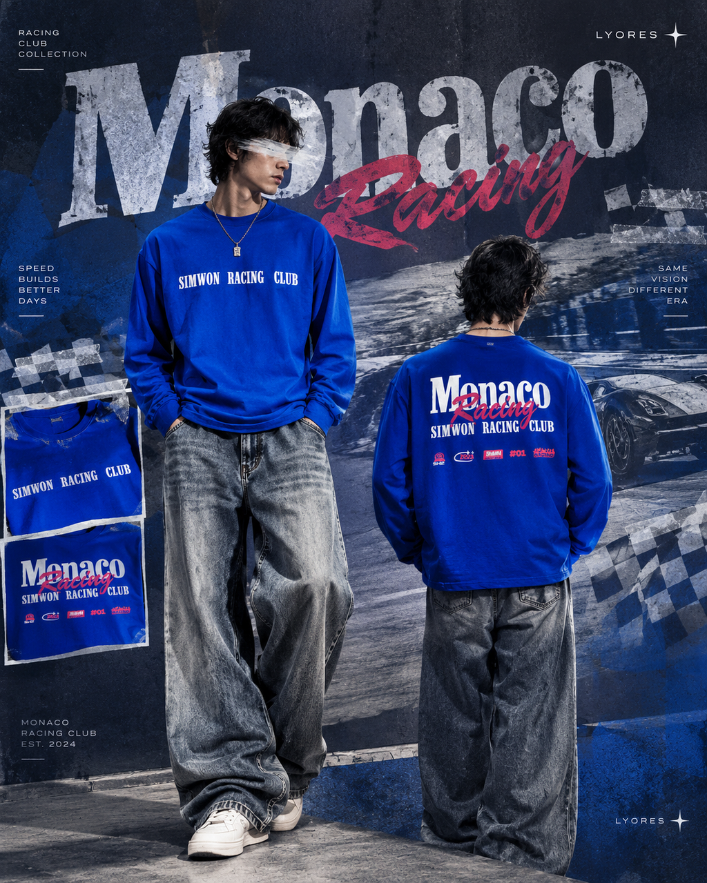 Campaign collage showing front and Monaco Racing back graphic of blue long-sleeve T-shirt