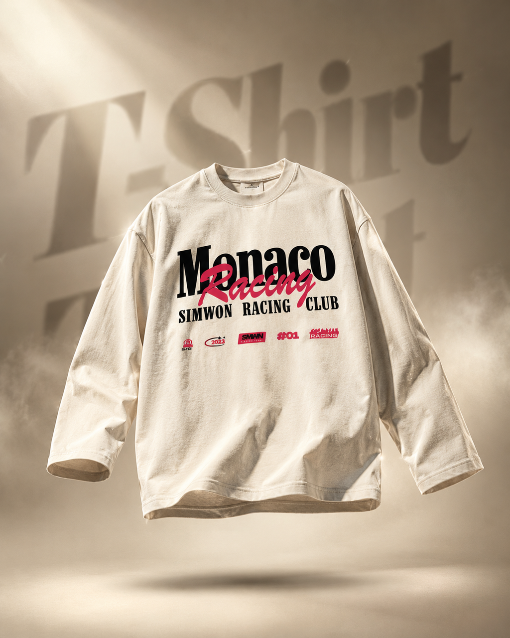 Ivory long-sleeve T-shirt with black and red Monaco Racing graphic
