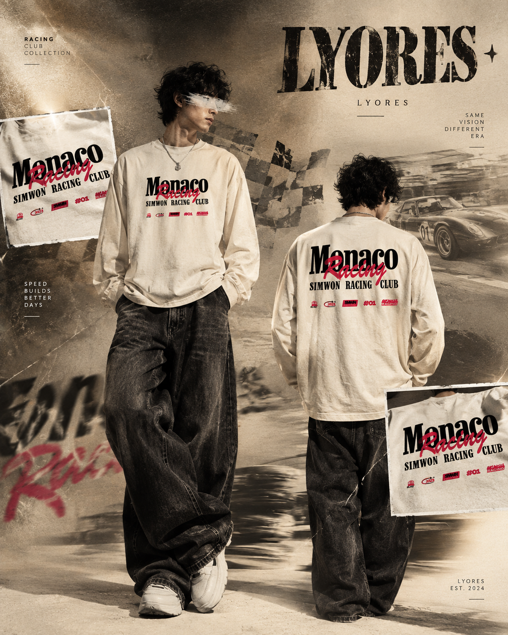 Campaign collage showing front and back of ivory Monaco Racing long-sleeve T-shirt
