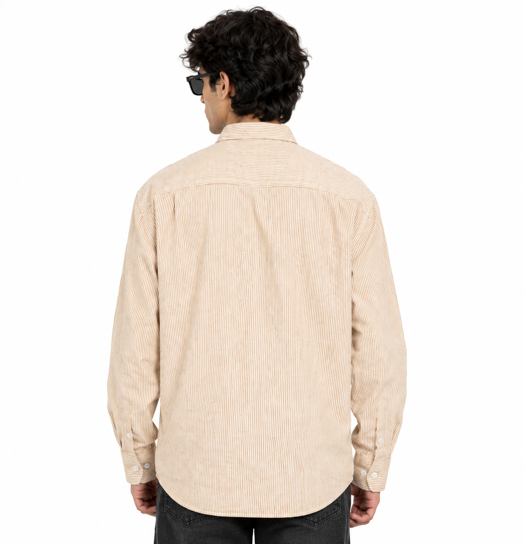 Back view of beige striped boxy-fit shirt