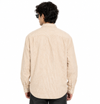 Back view of beige striped boxy-fit shirt