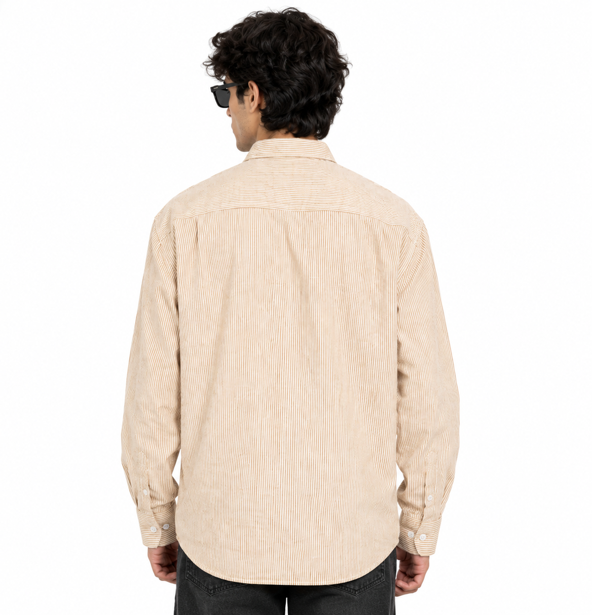 Back view of beige striped boxy-fit shirt