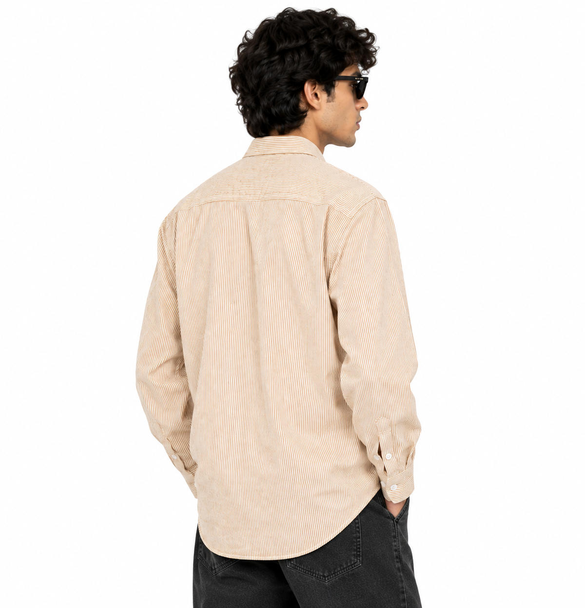 Rear angled view of beige striped boxy-fit shirt